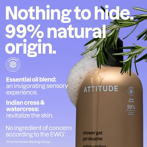 ATTITUDE Body Wash with Essential Oils Sage & Rosemary 15 Fl Oz - Moisturizing, Vegan, EWG Verified, Gentle Daily Cleanser