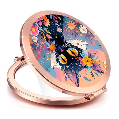 LONNAONE Rosegolden Flower Cat Compact Mirror for Women, Mini Folding Travel Mirror
