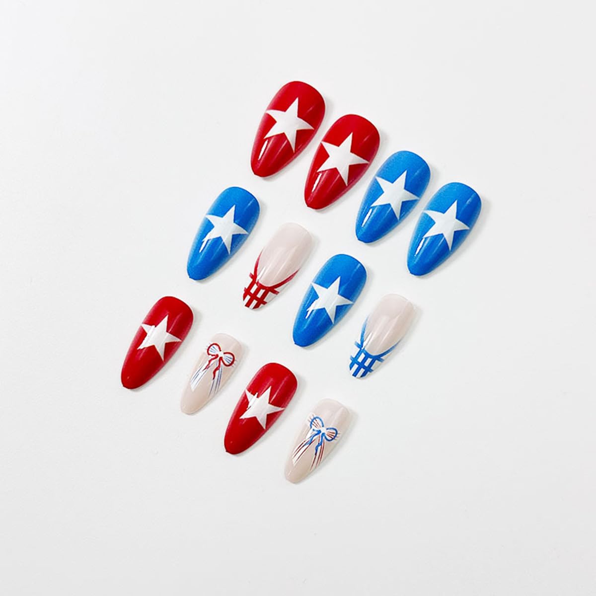 24Pcs Independence Day Press on Nails Medium Almond ZIFANHU July 4th Fake Nails Red Blue False Nails with Star Bow Design French Glossy Acrylic Nail Reusable Full Cover Nude Stick on Nail for Women