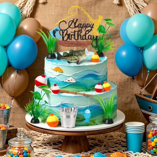 Fishing Cake Topper Set - 16PCS Gone Fishing Birthday Decorations
