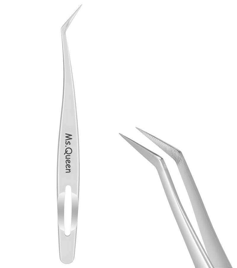 Ms.Queen Lash Tweezers for Lash Extensions,Professional 45 Degree Long Ultra-Firm tip Eyelash Tweezers for Isolation,Volume and Premade Fans Lashing