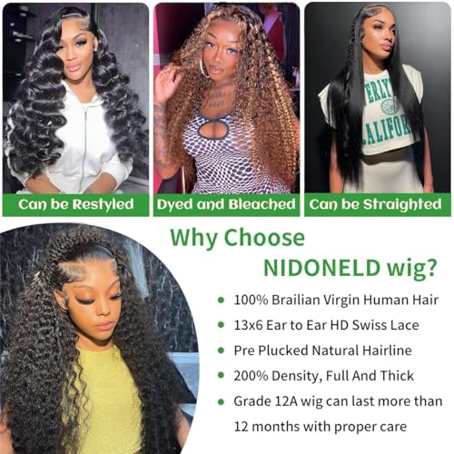 24 Inch 200 Density Deep Wave Lace Front Wigs Human Hair 13x6 HD Lace Front Wigs Human Hair Pre Plucked Brazilian Virgin Curly Human Wig Wet and Wavy Lace Frontal Wigs Natura Black Deep Wave Wig
