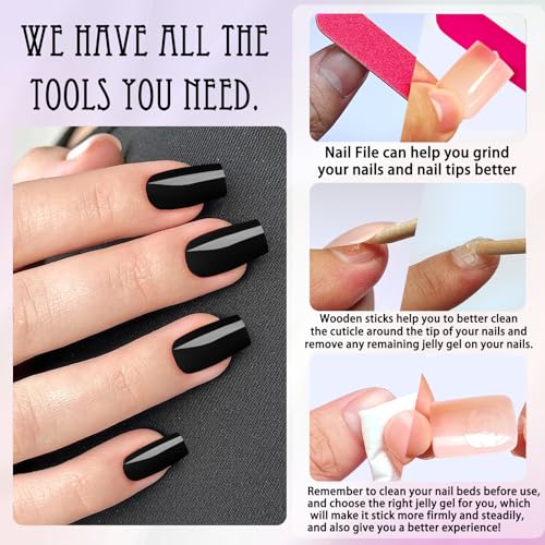 LoveOurHome Black Medium Square Press on Nails Kit with Glue Tabs - Full Cover Fake Nails