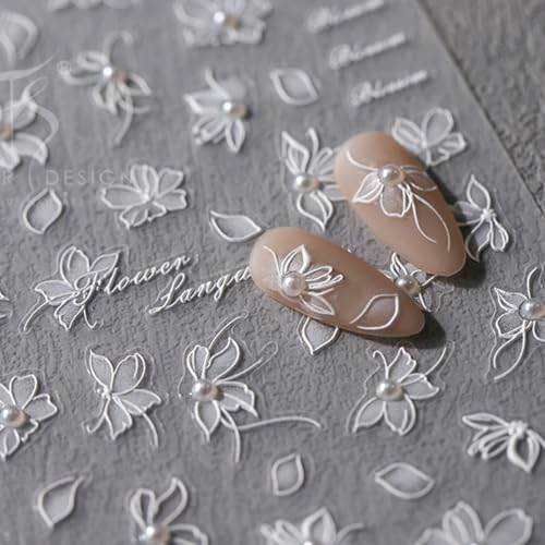 5D Embossed White Flower Nail Art Stickers - Self-Adhesive Decals