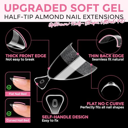 Luckyfairy Short Almond Nail Tips – 240pcs Half Cover Soft Gel Press On Nails