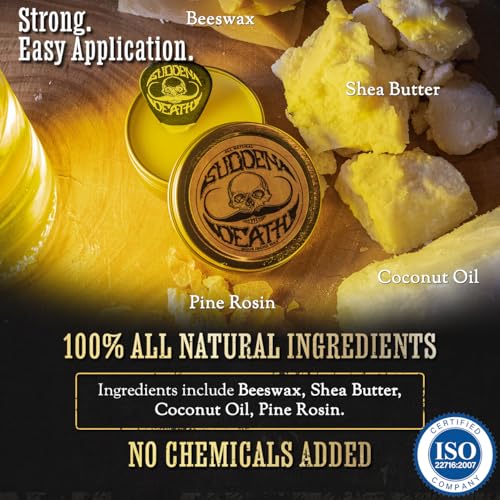 Mustache Wax Strong Hold Grooming For Men | Sudden Death Moustache & Beard Wax 1oz Tin | Perfect For Handlebar Mustaches By Death Grip | No Heat Source Required