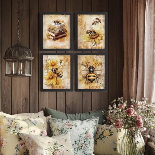Vintage Bumble Bee & Sunflower Floral Wall Art Prints - 8x10 Unframed