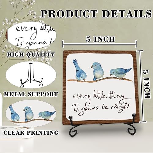 Every Little Thing Is Gonna Be Alright Wooden Plaque Decor - 5x5 Inch Bird Sign with Metal Support