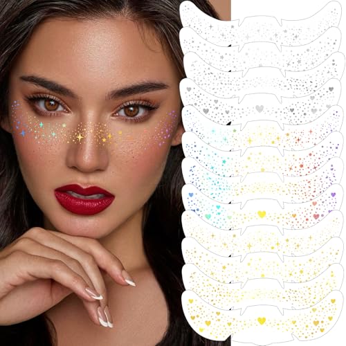 HyperFun Holographic Multicolor & Gold Silver Glitter Freckles Face Stickers 12Pcs Waterproof Makeup Patches for Women Festival Party