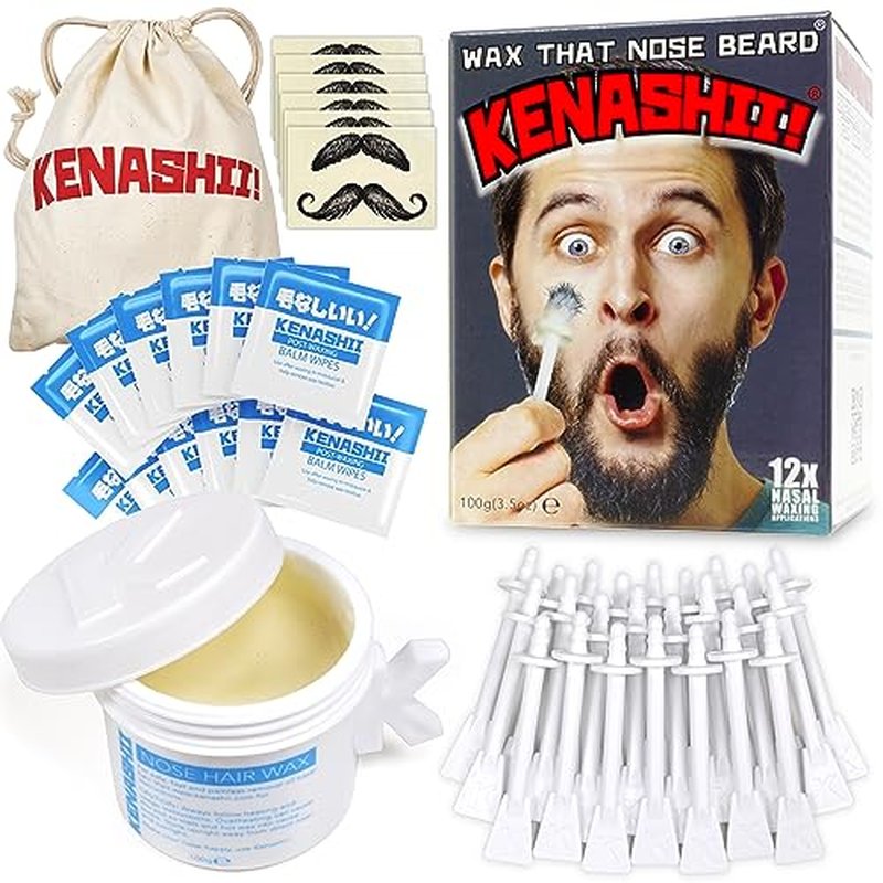 KENASHII Nose Wax Kit | 100 g Wax, 24 Applicators | The Original & Best Nose and Ear Hair Removal Kit from Kenashii | Nasal Waxing For Men and Women | Includes Balm Wipes, Mustache Guards, Storage Bag