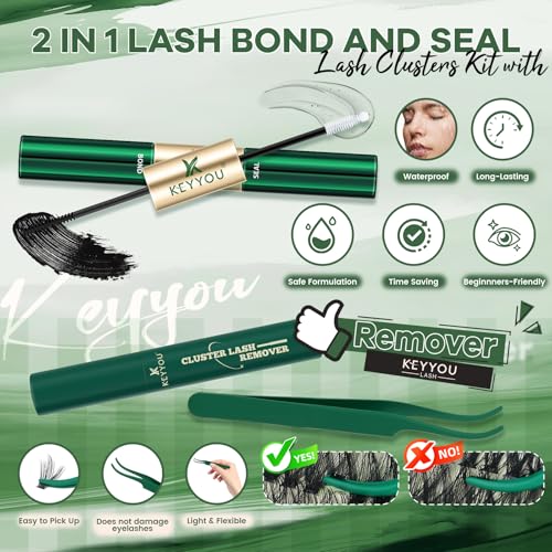 KEYYOU 80D 100D Spiky Manga Lash Clusters Kit - Fluffy DIY Eyelash Extensions with Bond & Seal