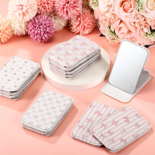 Pink Bow Compact Mirror Set - 12 Mini Pocket Mirrors for Women, Stylish & Portable