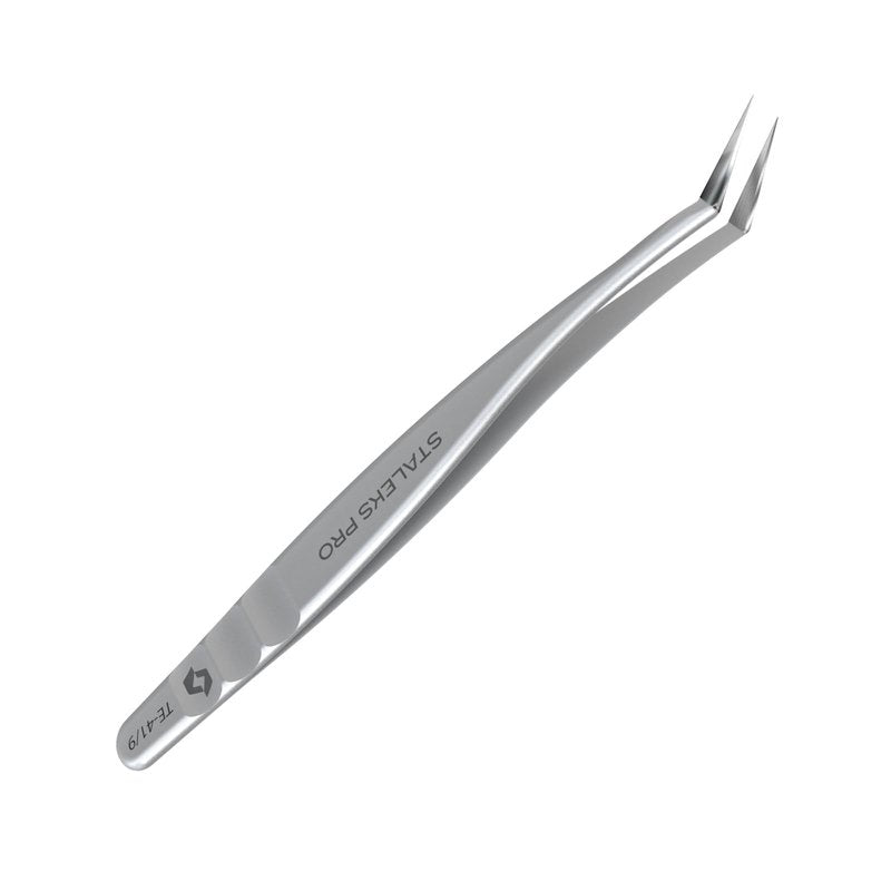 STALEKS PRO Expert 41 Type 9 Professional Eyelash Tweezers (L-Shaped 35°) – Stainless Steel for Mega-Volume 2D-8D Lash Extensions & Long Working Edges