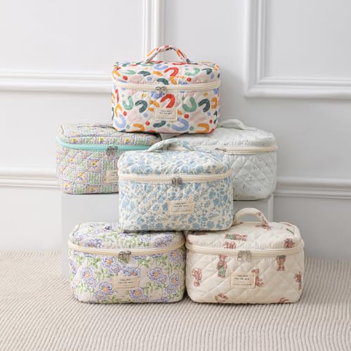 uekeboag Large Travel Quilted Makeup Bag for Women, Floral Cotton Cosmetic Bag, Coquette Aesthetic Floral Toiletry Organizer Bag