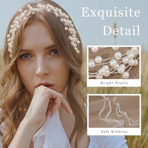 White Pearl Bridal Headband with Ribbons - Elegant Wedding Hair Accessory