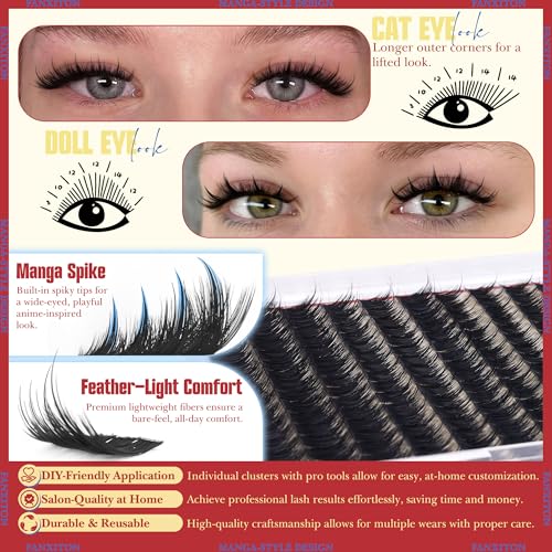 FANXITON Anime Lash Clusters 8-14mm, 204pcs DIY Wispy Extensions
