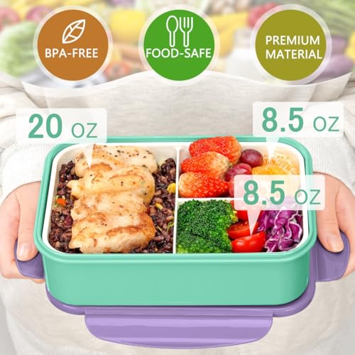 LOVINA 1100 ML Bento Box for Adults & Kids - 3 Compartment Lunch Container with Built-in Utensils - BPA-Free, Leakproof, Portable