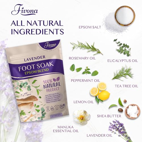Fivona Lavender Foot Soak Blend 14.1oz - Calming Epsom Salt for Relaxing Pedicure & Callus Softening