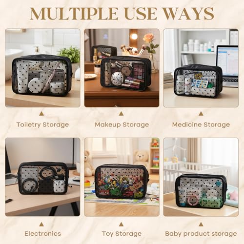 2 Pack Black Heart Mesh Makeup & Toiletry Bags - Large Travel Organizer