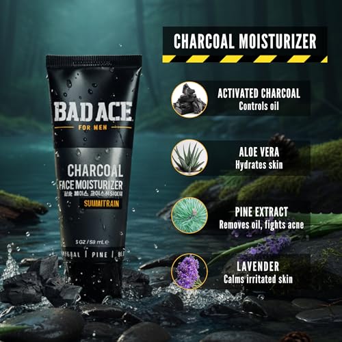 BAD ACE Men's Face Moisturizer, Summit Rain, Oil Control Charcoal Lotion