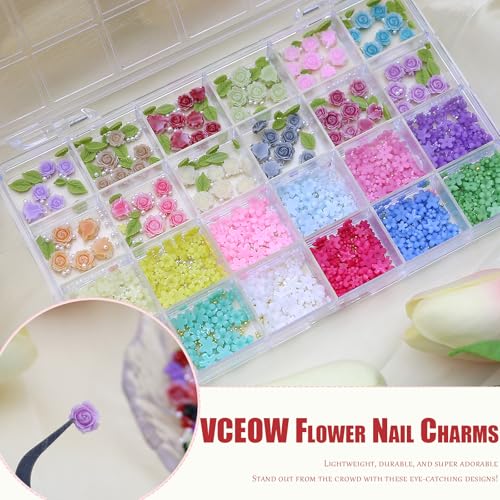 Flower Nail Charms,Colorful Resin Art Decor with Leaves and Gold