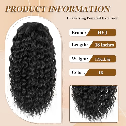 HYJ 18-Inch Curly Drawstring Ponytail Extension - Natural Black Hairpiece