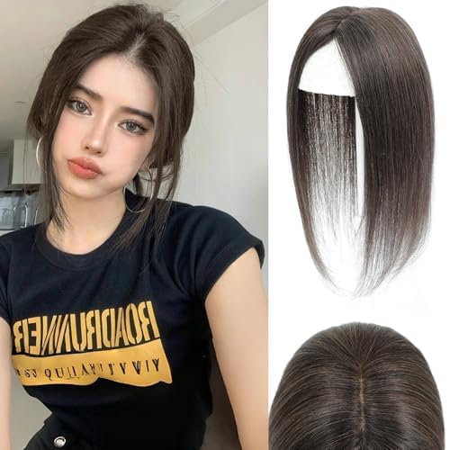 Hair Toppers for Women - Real Human Hair 360° 3D Hairpieces with Wispy Clip-In Bangs | Natural Scalp Line (Black)