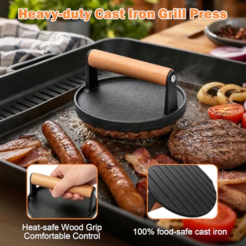 TACGEA Cast Iron Burger Press - 6.3” Heavy Duty Grill Tool