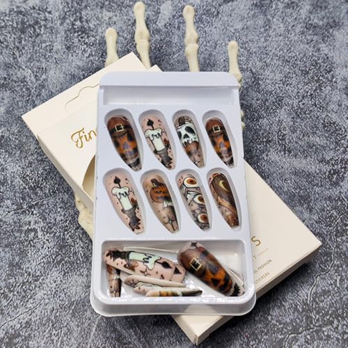 WYFHDT Halloween Press-On Nails - Long Square Fake Nails with Pumpkin & Candy Designs, 24pcs, Reusable Glue-On Full Cover Coffin Style, Variation 5