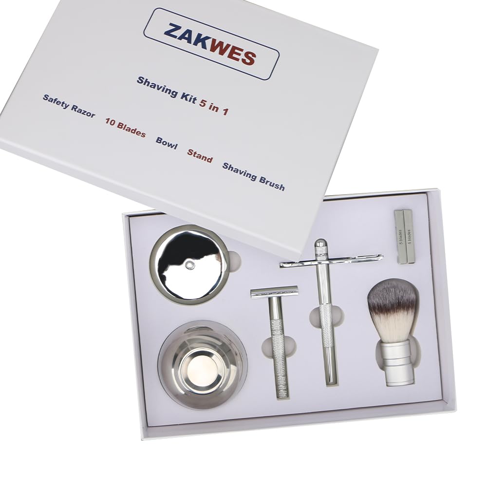 Men's Shaving & Grooming Set, Double Edge Safety Razor, Shaving Brush, Razor & Brush Stand,10 Blades, Shaving Bowl, Valentine Gift For Men, Gift for Fathers/Dads (Silver)