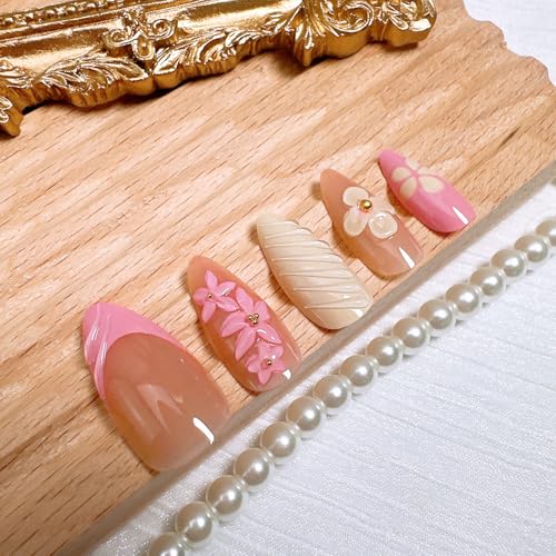 24Pcs French Tip Press on Nails - Floral Acrylic Nail Art