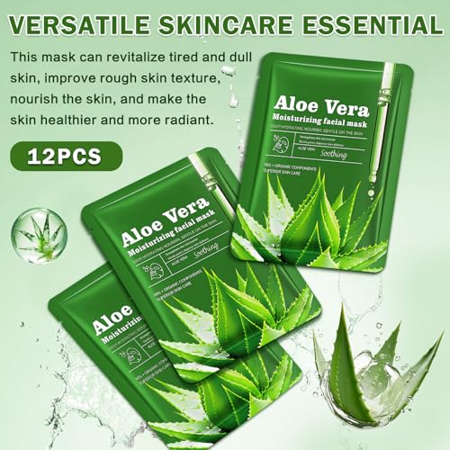 12PCS Aloe Vera Face Masks - Hydrating & Soothing Sheet Set