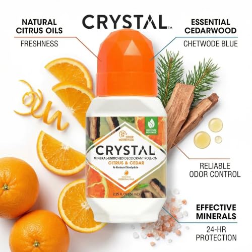 Crystal Mineral Deodorant Roll-On - Citrus & Cedar, 24-Hour Odor Protection, Aluminum & Paraben Free, 2.25 FL OZ