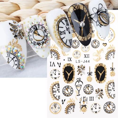 Christmas 6Pcs 3D Nail Stickers Set - Self-Adhesive Gold Glitter Clock & Countdown