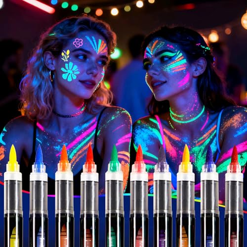 Oiomniv Glow in The Dark Face Paint Markers - 10 Multicolor Neon Pens