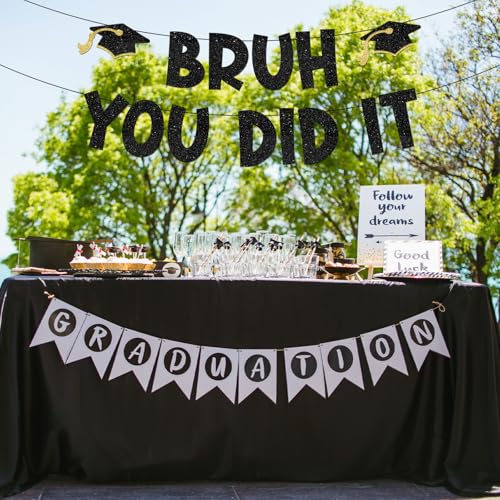 Bruh You Did It Graduation Banner - Black & Gold Glitter Decor