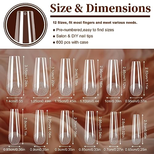 FEBSNOW 600pcs Clear Coffin Nail Tips - Full Cover Acrylic Press On