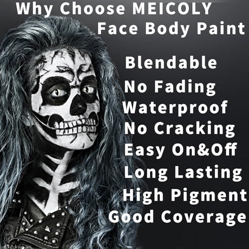MEICOLY 6Pcs Halloween Black & White Face Paint Kit - Pro Oil-Based Makeup for Clowns Zombies & Cosplay