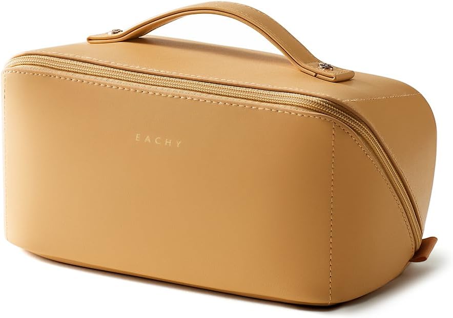 Travel Makeup Bag - Large Capacity Waterproof PU Leather Cosmetic Organizer | Flat Open Design for Skincare & Brushes