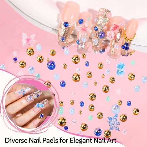 FAMDAMEI Summer Nail Charms Kit – Ocean 24 Grids with Mermaid, Starfish, Seashell Gems, 3D Rhinestones, Gold Pearls (Gold/White AB/Blue) – Nail Art Accessories