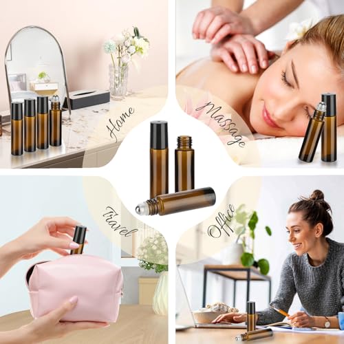 10ml Amber Essential Oil Roller Bottles - 4 Pack with Labels & Tools