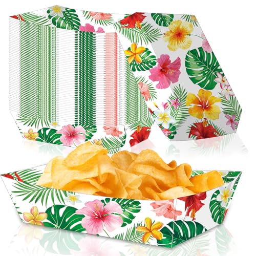30 Pack Hawaiian Hibiscus Paper Food Trays - Tropical Party Supplies