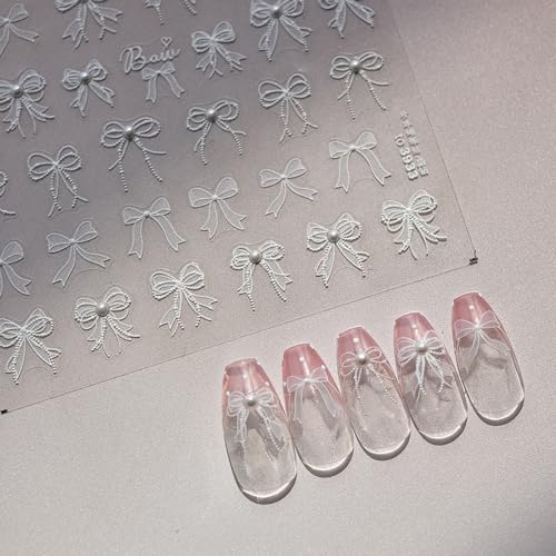 White Pearl Embossed Bow Nail Stickers for Elegant Nail Art - Self-Adhesive, 52 Designs