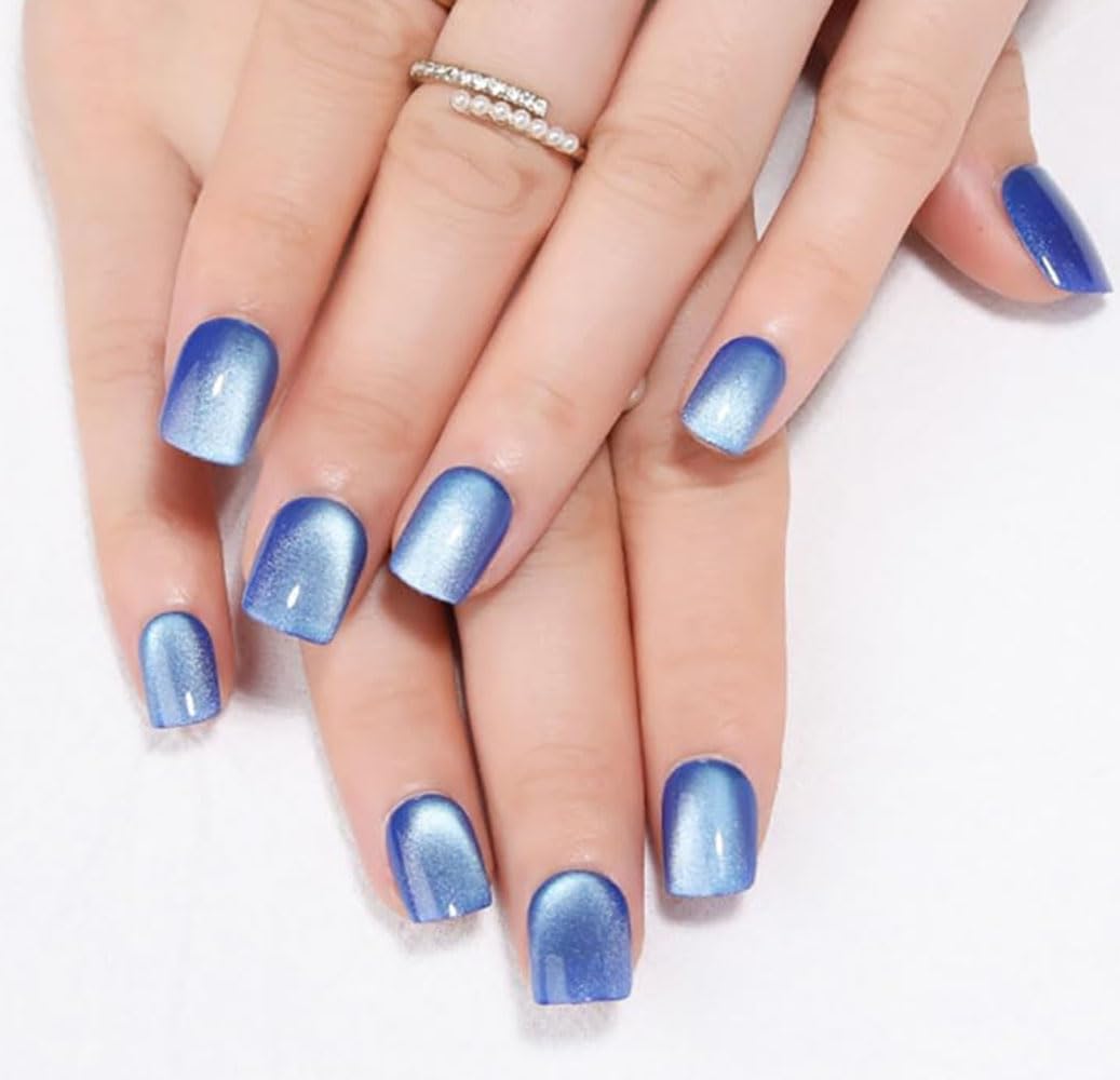 Aqua Blue Cat Eye Press-On Nails - Medium Square Chrome Design | Holographic Glitter Gel Acrylic Reusable