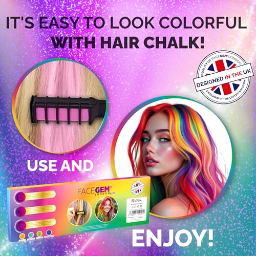 FACEGEM LONDON 12-Color Neon & Metallic Hair Chalk Set - Non-Toxic & Washable