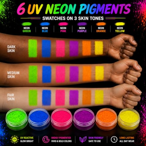 UV Neon Pro Kit – 6 Color UV Reactive Pigment Powder Set with Primer & Brush