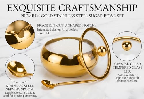 15oz Stainless Steel Sugar Bowl with Glass Lid & Spoon - Gold
