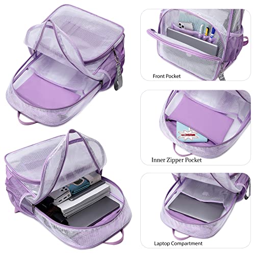 mygreen Clear Backpack - 17 Inch Multi-Pocket PVC Bookbag, Purple