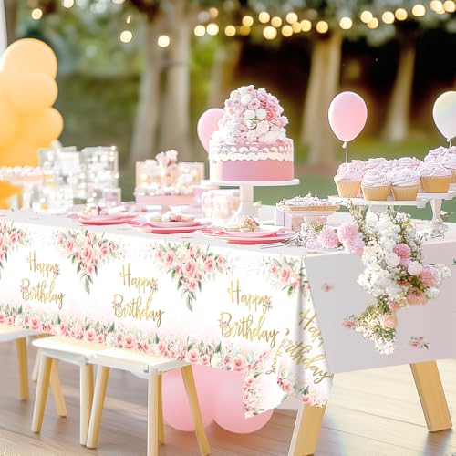 Rose Gold Floral Birthday Tablecloths - 3 Pack, 108 x 54 Inch
