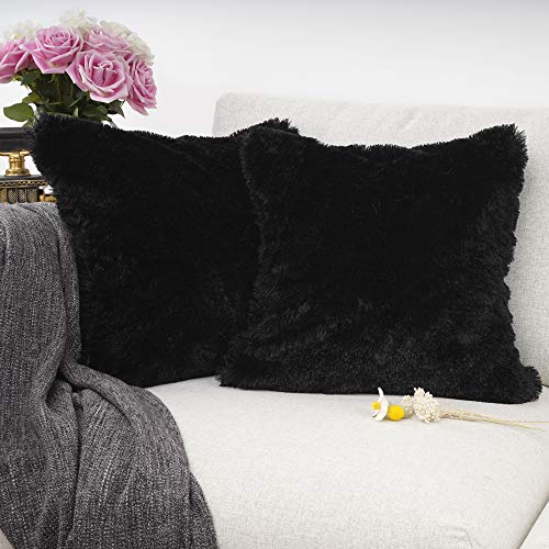 Luxury Merino Faux Fur Throw Pillow Covers - Set of 2, 18"x18" (Black)